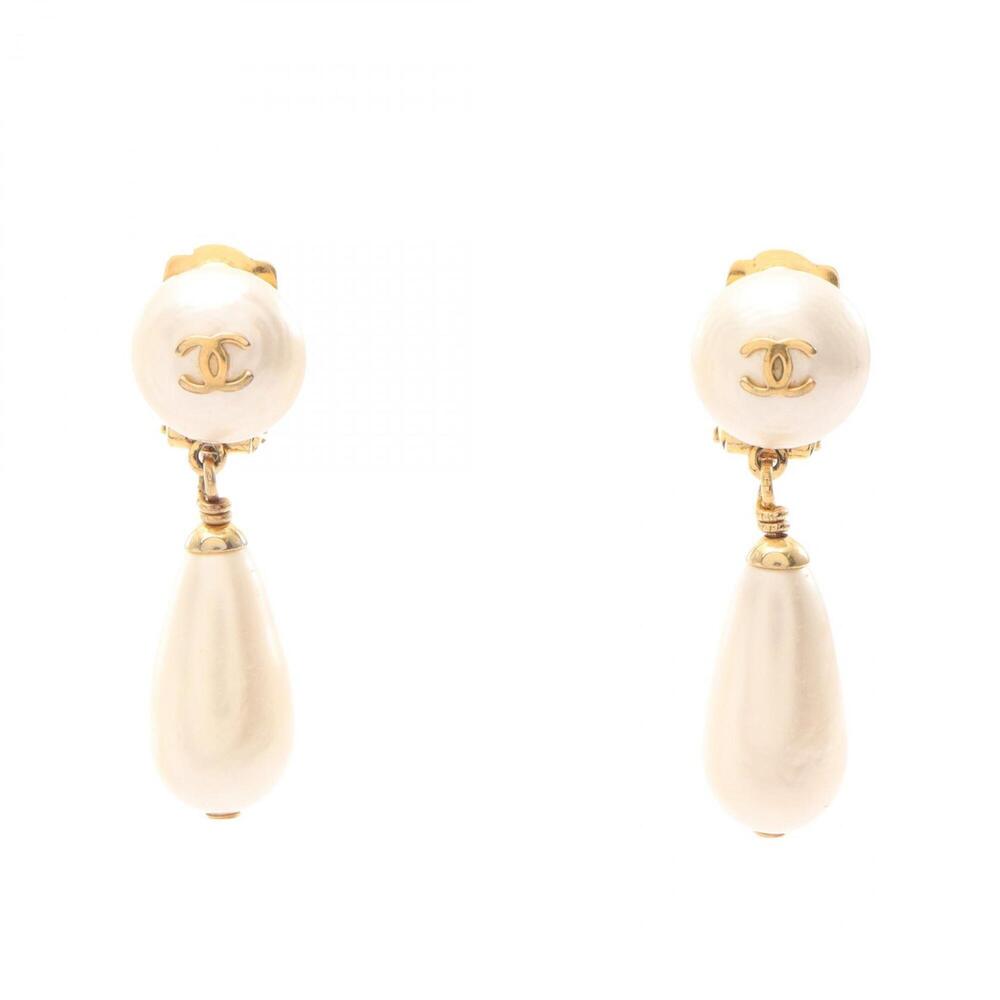 Chanel Coco Mark Swing 96P Earrings, Gold Plated (GP), Faux Pearl, Women's, G...